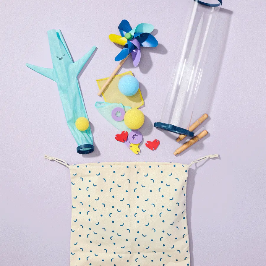 materials packing away into drawstring bag